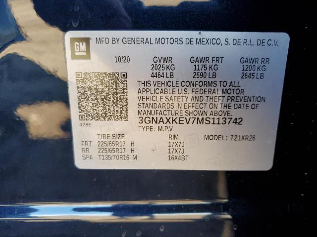 3GNAXKEV7MS113742 - 2021 CHEVROLET EQUINOX LT BLUE photo 12