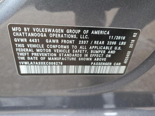 1VWLA7A3XKC008276 - 2019 VOLKSWAGEN PASSAT WOLFSBURG CHARCOAL photo 12