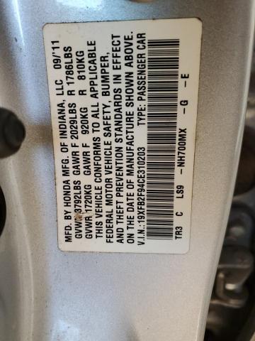 19XFB2F94CE310203 - 2012 HONDA CIVIC EXL ვერცხლისფერი ფოტო 13