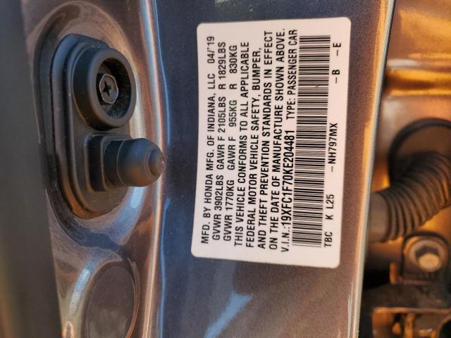 19XFC1F70KE204481 - 2019 HONDA CIVIC EXL ნაცრისფერი ფოტო 12
