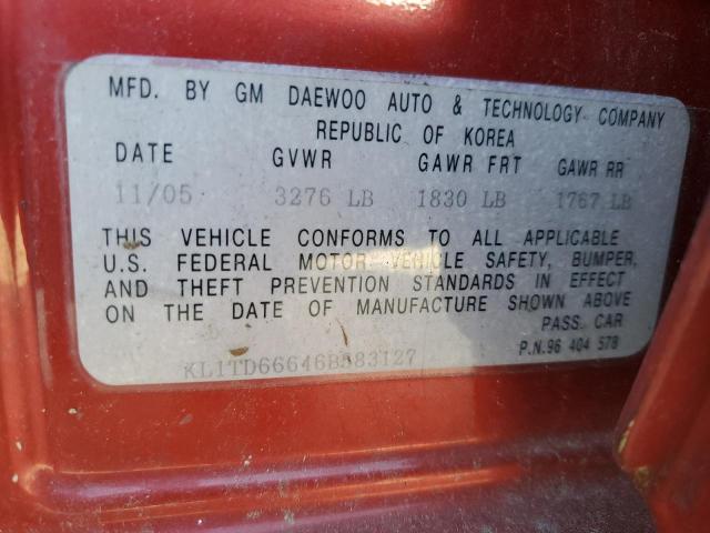 KL1TD66646B583127 - 2006 CHEVROLET AVEO BASE Tünd qırmızı foto 12