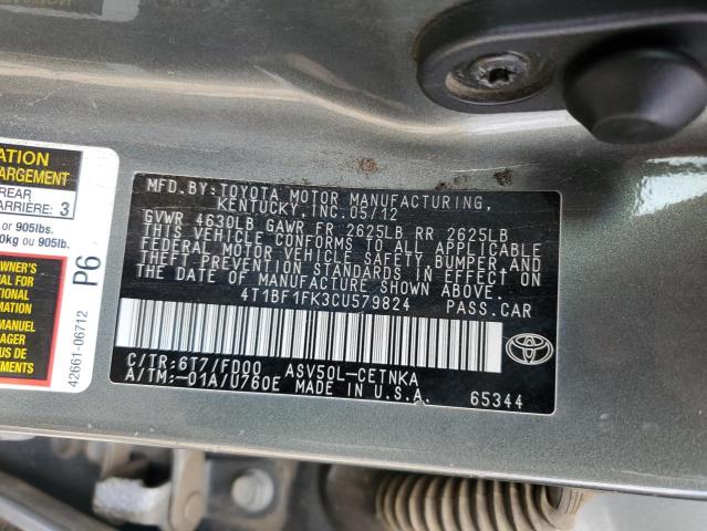 4T1BF1FK3CU579824 - 2012 TOYOTA CAMRY BASE GRAY photo 13