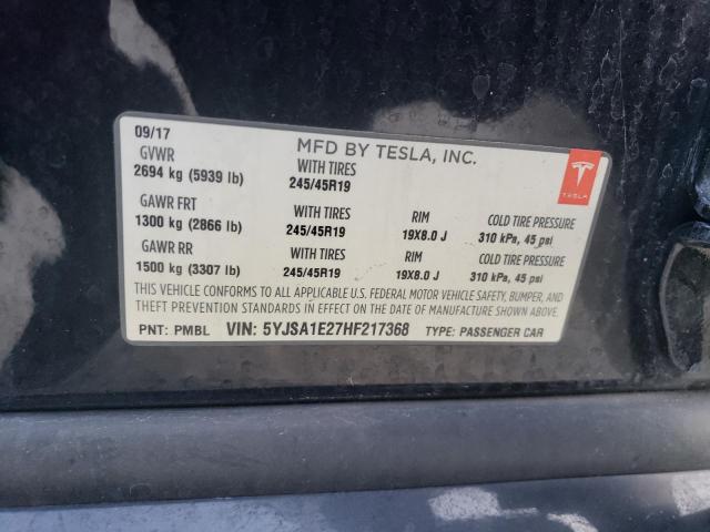 5YJSA1E27HF217368 - 2017 TESLA MODEL S შავი ფოტო 12