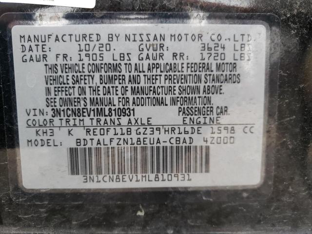 3N1CN8EV1ML810931 - 2021 NISSAN VERSA SV BLACK photo 12