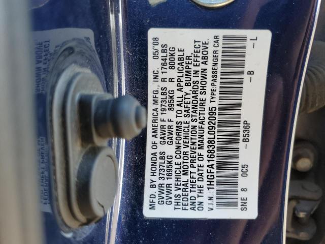 1HGFA16838L092095 - 2008 HONDA CIVIC EX BLUE photo 12