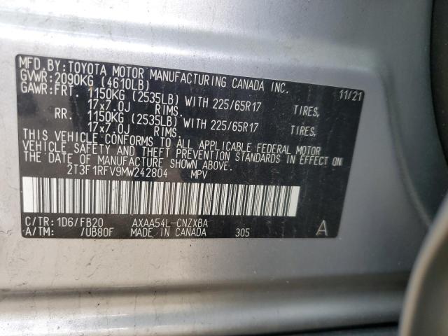 2T3F1RFV9MW242804 - 2021 TOYOTA RAV4 LE SILVER photo 12