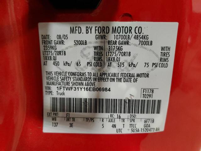 1FTWF31Y16EB06984 - 2006 FORD F350 SRW SUPER DUTY RED photo 14