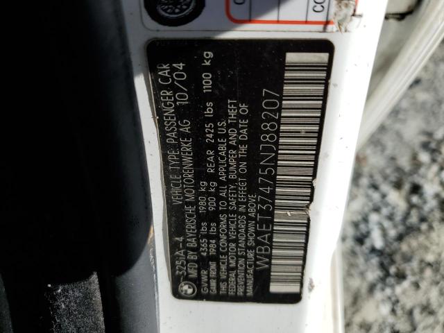 WBAET37475NJ88207 - 2005 BMW 325 I WHITE photo 12