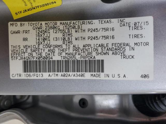 5TFJX4GN7FX050094 - 2015 TOYOTA TACOMA DOUBLE CAB PRERUNNER SILVER photo 12