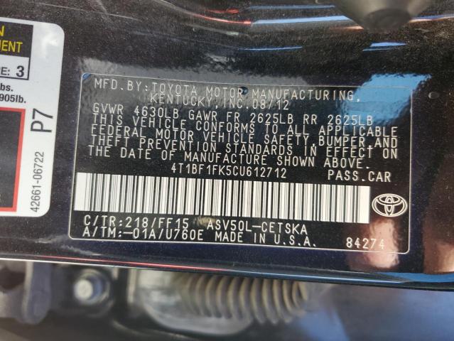 4T1BF1FK5CU612712 - 2012 TOYOTA CAMRY BASE BLACK photo 13