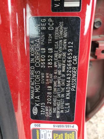 KNADN4A32G6665912 - 2016 KIA RIO EX RED photo 12