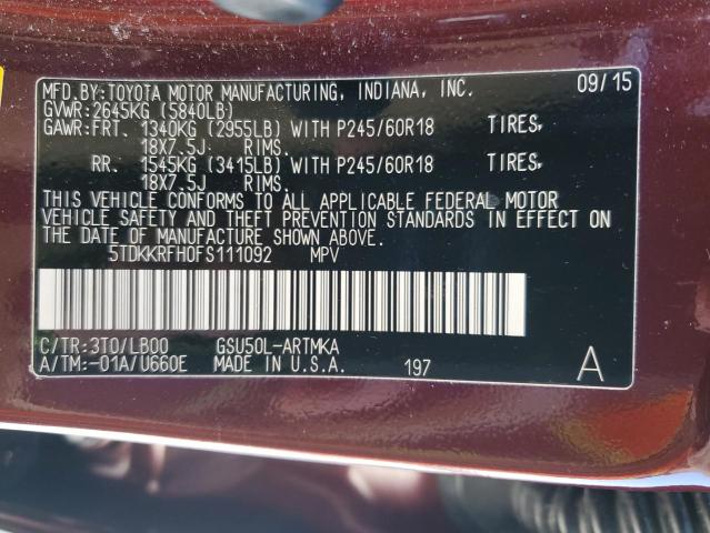 5TDKKRFH0FS111092 - 2015 TOYOTA HIGHLANDER XLE 勃艮第红 照片 13
