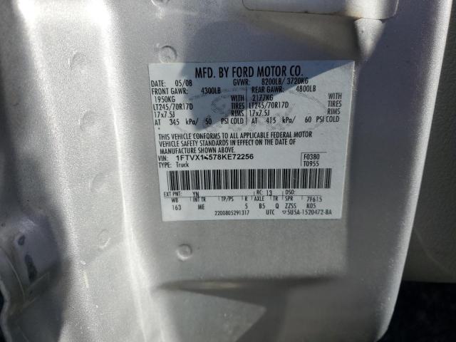 1FTVX14578KE72256 - 2008 FORD F150 SILVER photo 12