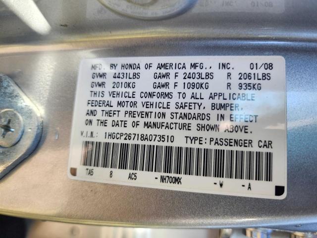 1HGCP26718A073510 - 2008 HONDA ACCORD EX SILVER photo 10