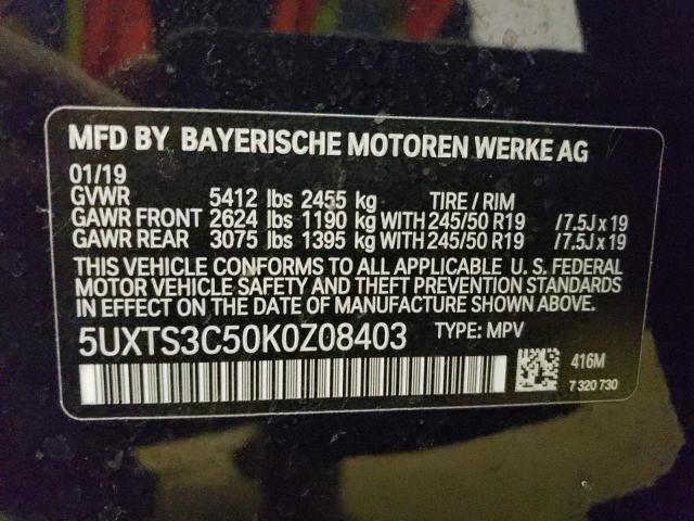 5UXTS3C50K0Z08403 - 2019 BMW X3 XDRIVEM40I შავი ფოტო 12