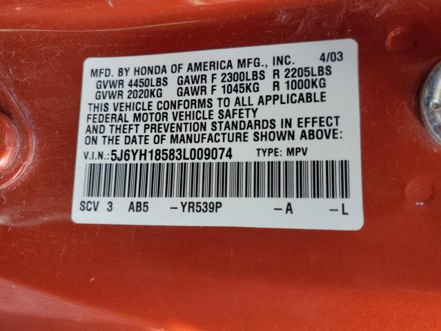 5J6YH18583L009074 - 2003 HONDA ELEMENT EX ORANGE photo 13