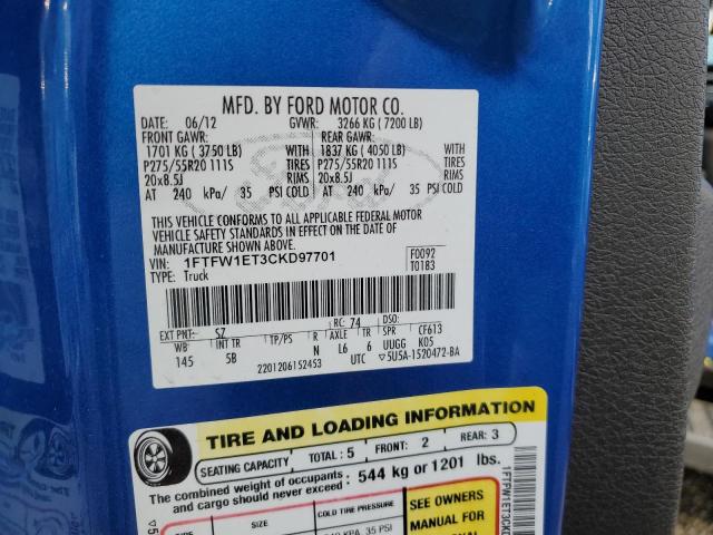 1FTFW1ET3CKD97701 - 2012 FORD F150 SUPERCREW BLUE photo 12