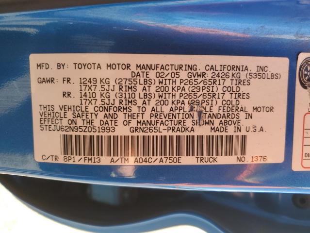 5TEJU62N95Z051993 - 2005 TOYOTA TACOMA DOUBLE CAB PRERUNNER BLUE photo 12