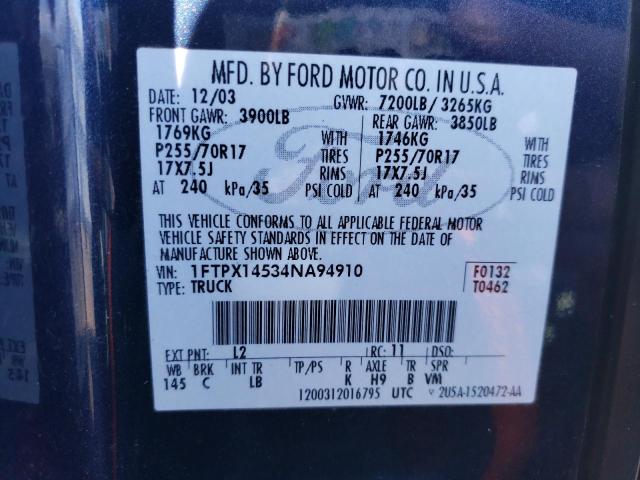 1FTPX14534NA94910 - 2004 FORD F150 BLUE photo 12