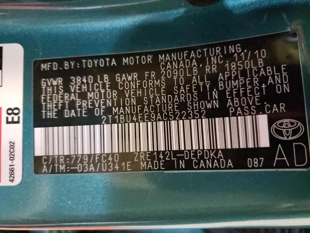 2T1BU4EE9AC522352 - 2010 TOYOTA COROLLA BASE TURQUOISE photo 12