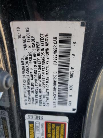 2HGFG1B93BH505313 - 2011 HONDA CIVIC EXL შავი ფოტო 12