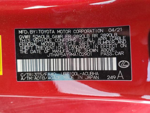 JTHAP5AY9MA102901 - 2021 LEXUS LC 500 RED photo 12