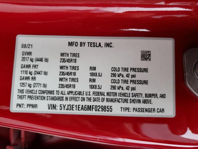 5YJ3E1EA6MF029855 - 2021 TESLA MODEL 3 RED photo 12