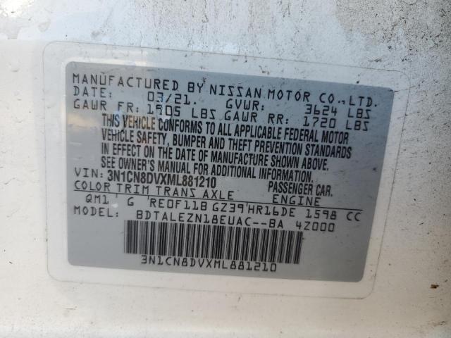 3N1CN8DVXML881210 - 2021 NISSAN VERSA S WHITE photo 12