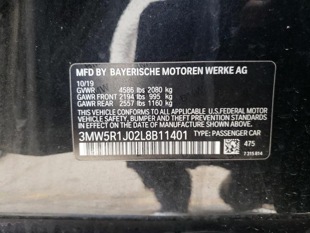 3MW5R1J02L8B11401 - 2020 BMW 330I BLACK photo 12