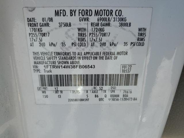 1FTRW14W38FB06543 - 2008 FORD F150 SUPERCREW WHITE photo 12