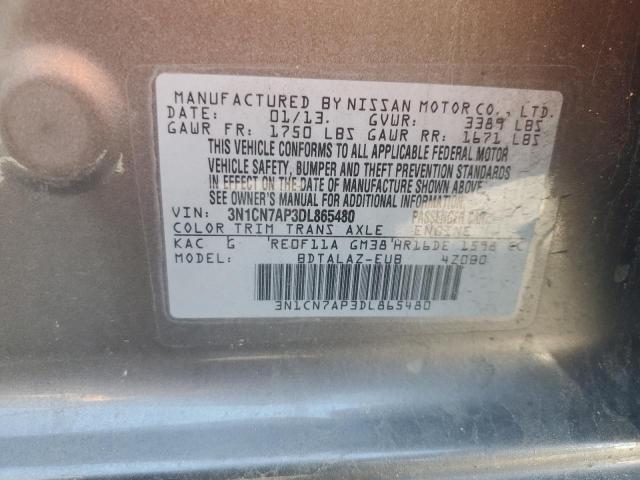 3N1CN7AP3DL865480 - 2013 NISSAN VERSA S GRAY photo 12