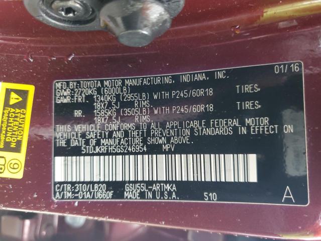 5TDJKRFH5GS246954 - 2016 TOYOTA HIGHLANDER XLE Tünd qırmızı foto 13