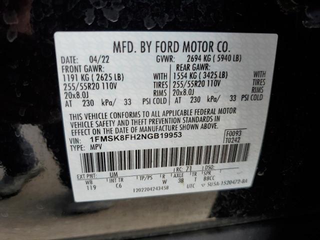 1FMSK8FH2NGB19953 - 2022 FORD EXPLORER LIMITED BLACK photo 13