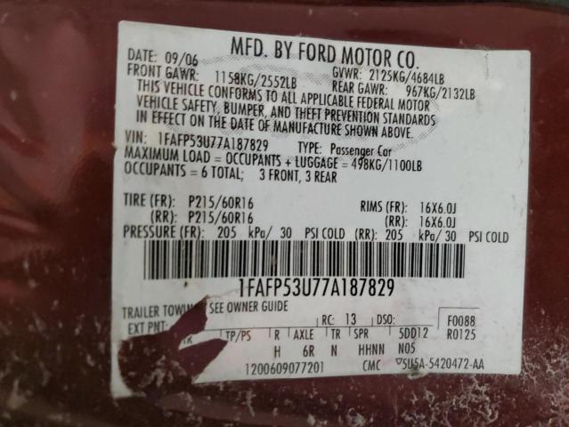 1FAFP53U77A187829 - 2007 FORD TAURUS SE BURGUNDY photo 12