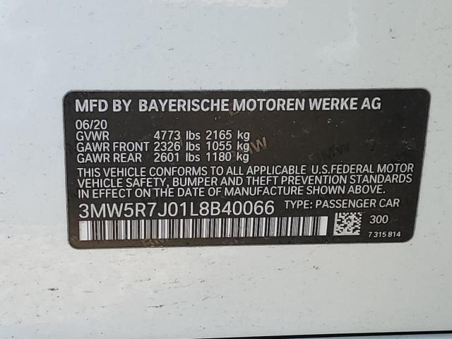 3MW5R7J01L8B40066 - 2020 BMW 330XI WHITE photo 12