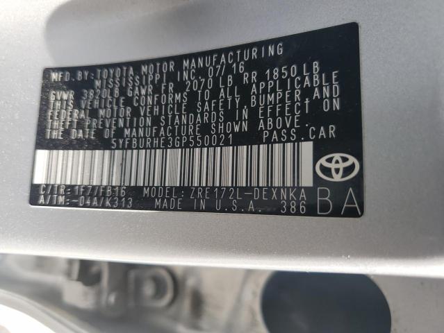 5YFBURHE3GP550021 - 2016 TOYOTA COROLLA L SILVER photo 13