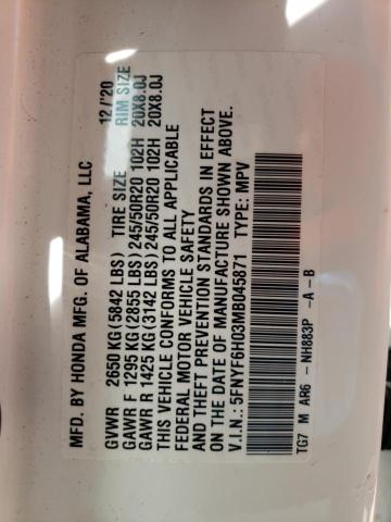 5FNYF6H03MB045871 - 2021 HONDA PILOT ELITE WHITE photo 13