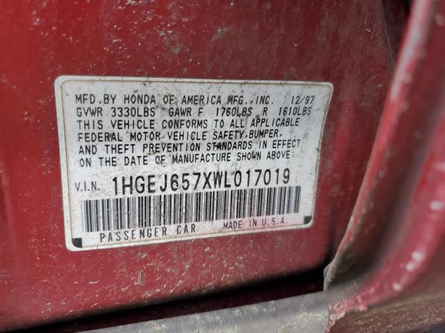 1HGEJ657XWL017019 - 1998 HONDA CIVIC LX RED photo 12