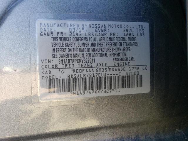 3N1AB7APXKY327911 - 2019 NISSAN SENTRA S GRAY photo 12