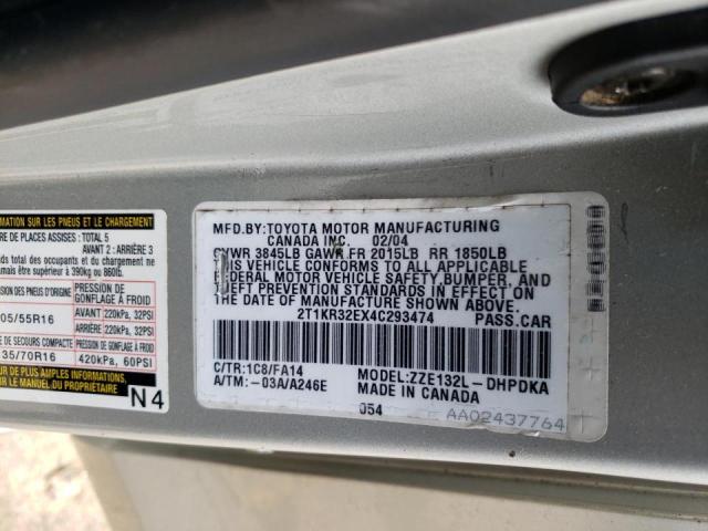 2T1KR32EX4C293474 - 2004 TOYOTA COROLLA MA XR SILVER photo 12