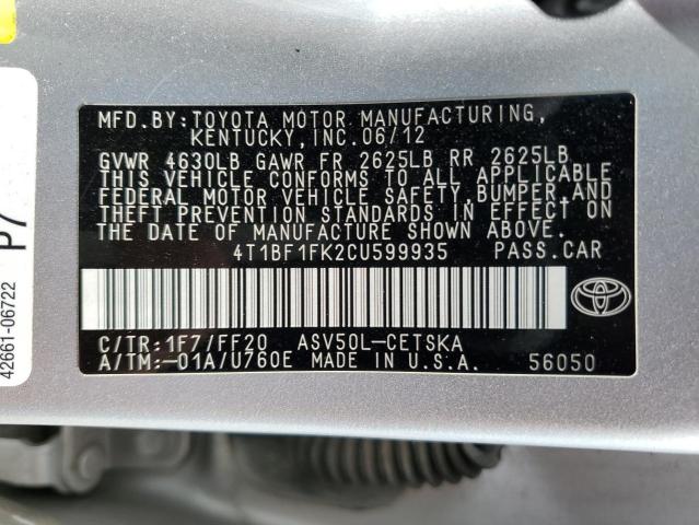 4T1BF1FK2CU599935 - 2012 TOYOTA CAMRY BASE SILVER photo 13