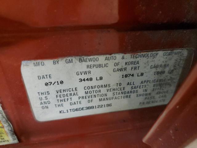 KL1TD6DE3BB122196 - 2011 CHEVROLET AVEO LS 红色 照片 12