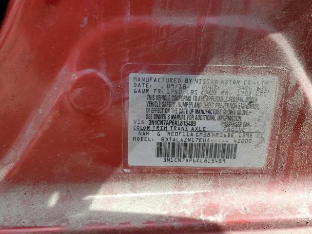 3N1CN7AP6KL815489 - 2019 NISSAN VERSA S RED photo 13