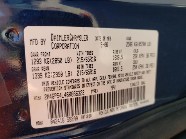 2A4GP54L46R866322 - 2006 CHRYSLER TOWN & COU TOURING ლურჯი ფოტო 10