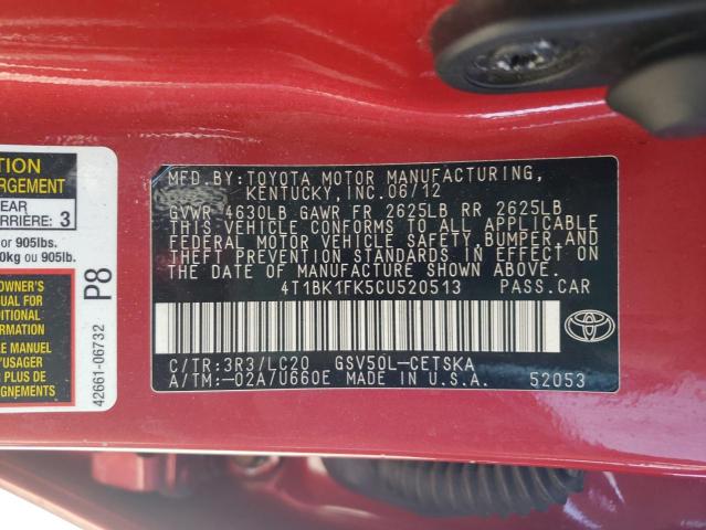 4T1BK1FK5CU520513 - 2012 TOYOTA CAMRY SE RED photo 12