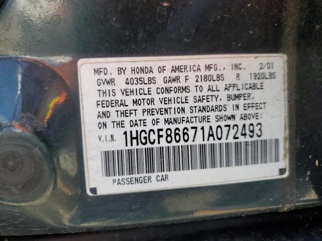 1HGCF86671A072493 - 2001 HONDA ACCORD VALUE GREEN photo 12