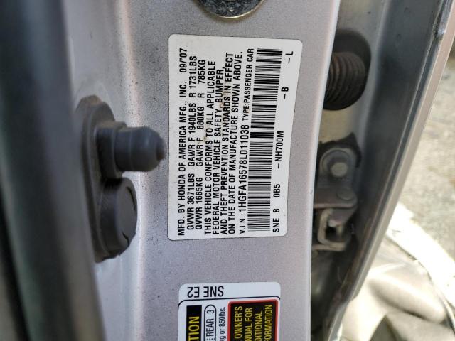 1HGFA16578L011038 - 2008 HONDA CIVIC LX SILVER photo 12