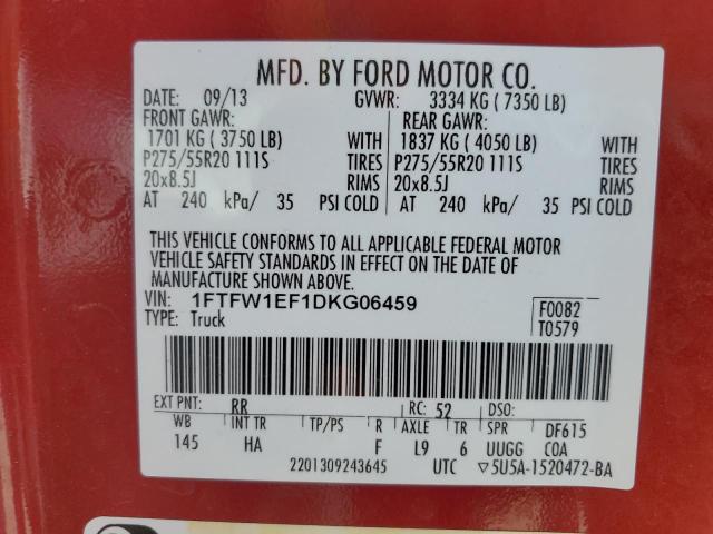 1FTFW1EF1DKG06459 - 2013 FORD F150 SUPERCREW RED photo 12