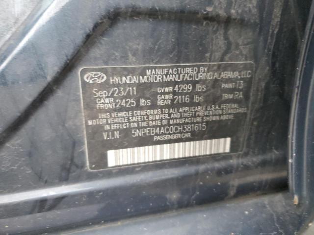 5NPEB4AC0CH381615 - 2012 HYUNDAI SONATA GLS BLACK photo 12