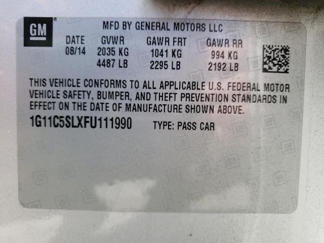 1G11C5SLXFU111990 - 2015 CHEVROLET MALIBU 1LT 银色 照片 13